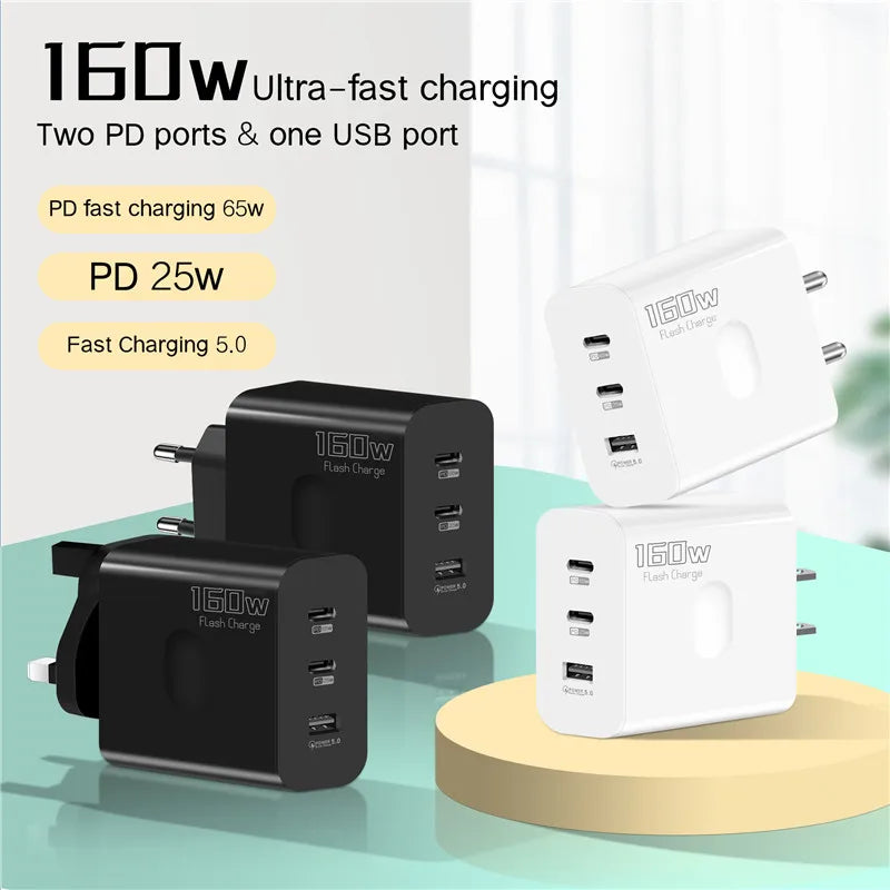 ChargerLightning 160W Multi-Port USB Charger USB Type C  & A Fast Charging Adapter Quick Charge 3.0 PD