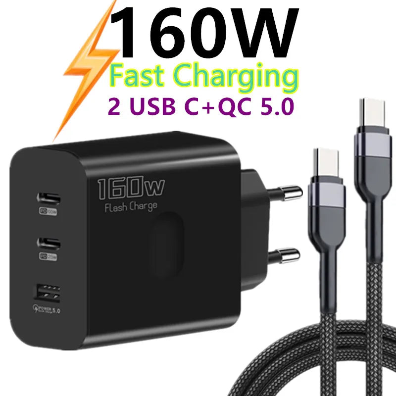 ChargerLightning 160W Multi-Port USB Charger USB Type C  & A Fast Charging Adapter Quick Charge 3.0 PD