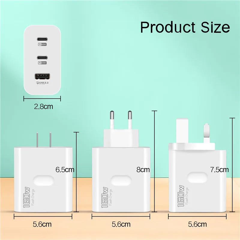 ChargerLightning 160W Multi-Port USB Charger USB Type C  & A Fast Charging Adapter Quick Charge 3.0 PD